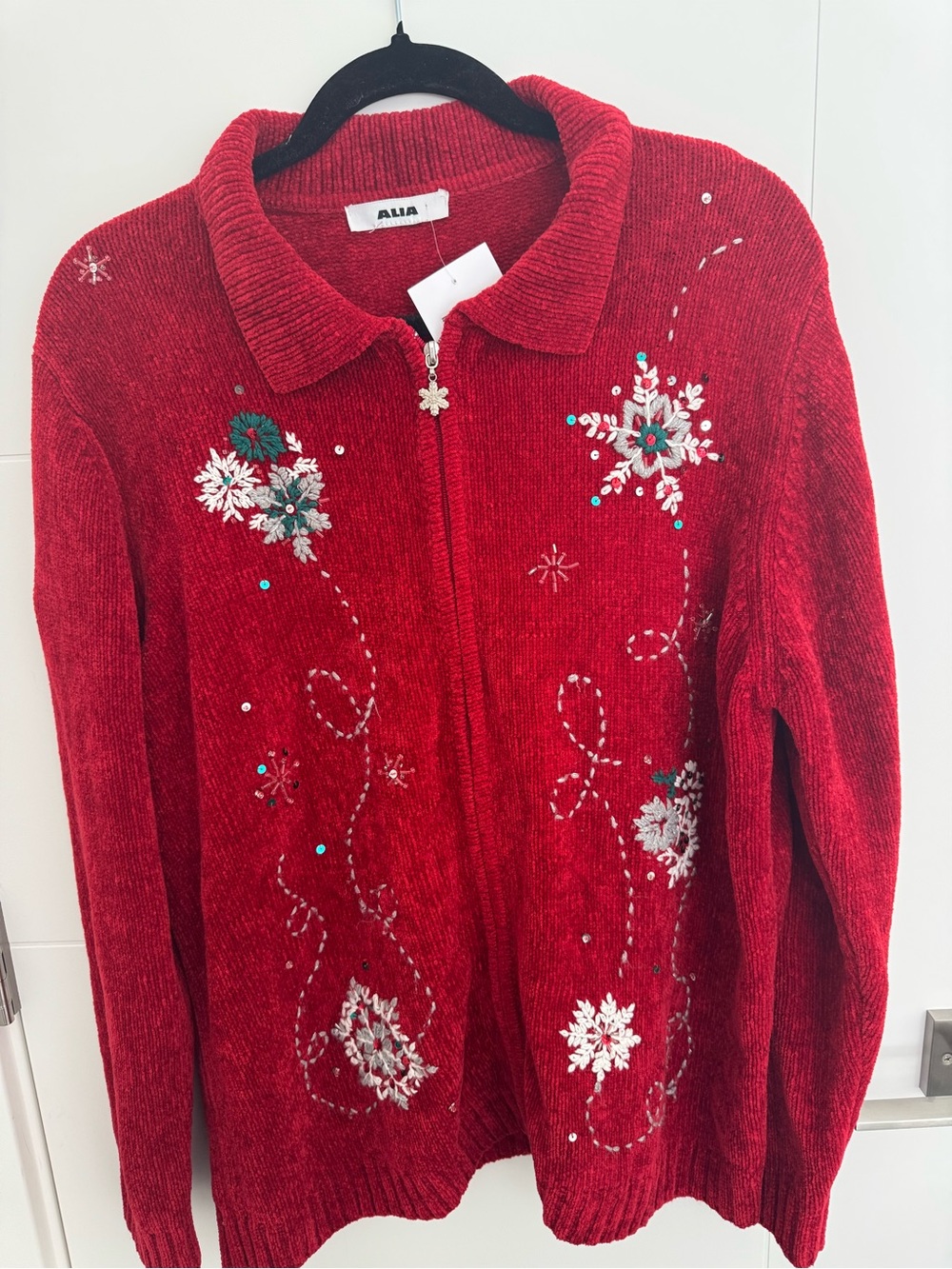 Vintage Alia Red Embroidered Snowflake Zip Up Cardigan Sweater XL